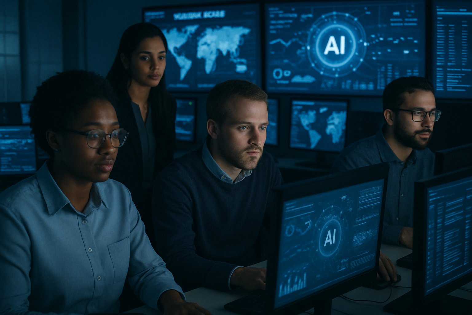 Enterprise AI Adoption team at bank IT center monitoring AI roll-out.
