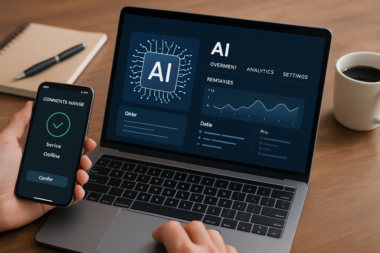 AI Operating System dashboard interface on laptop and smartphone.