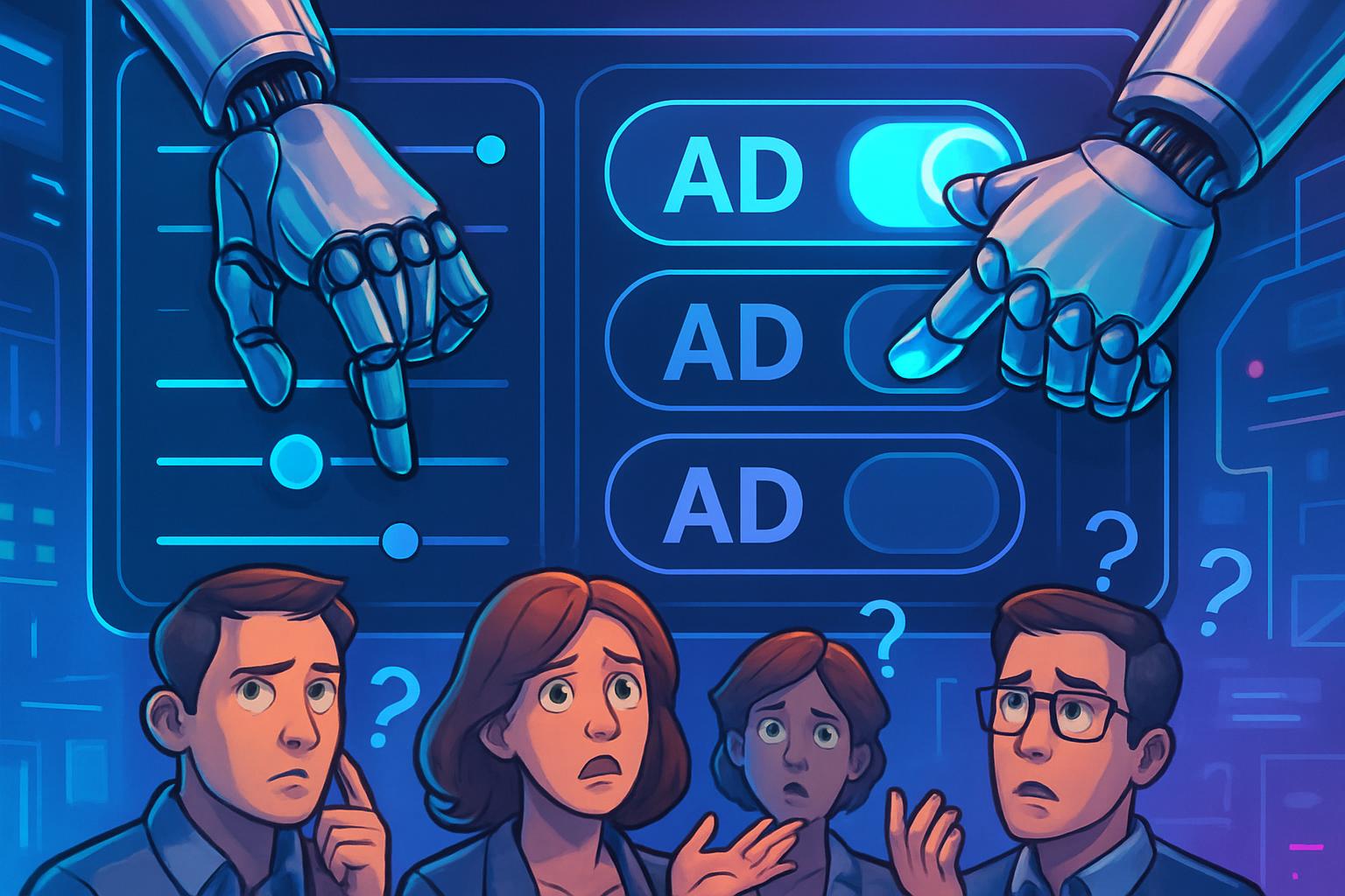 Robotic hands control Ad Platform toggles while advertisers watch