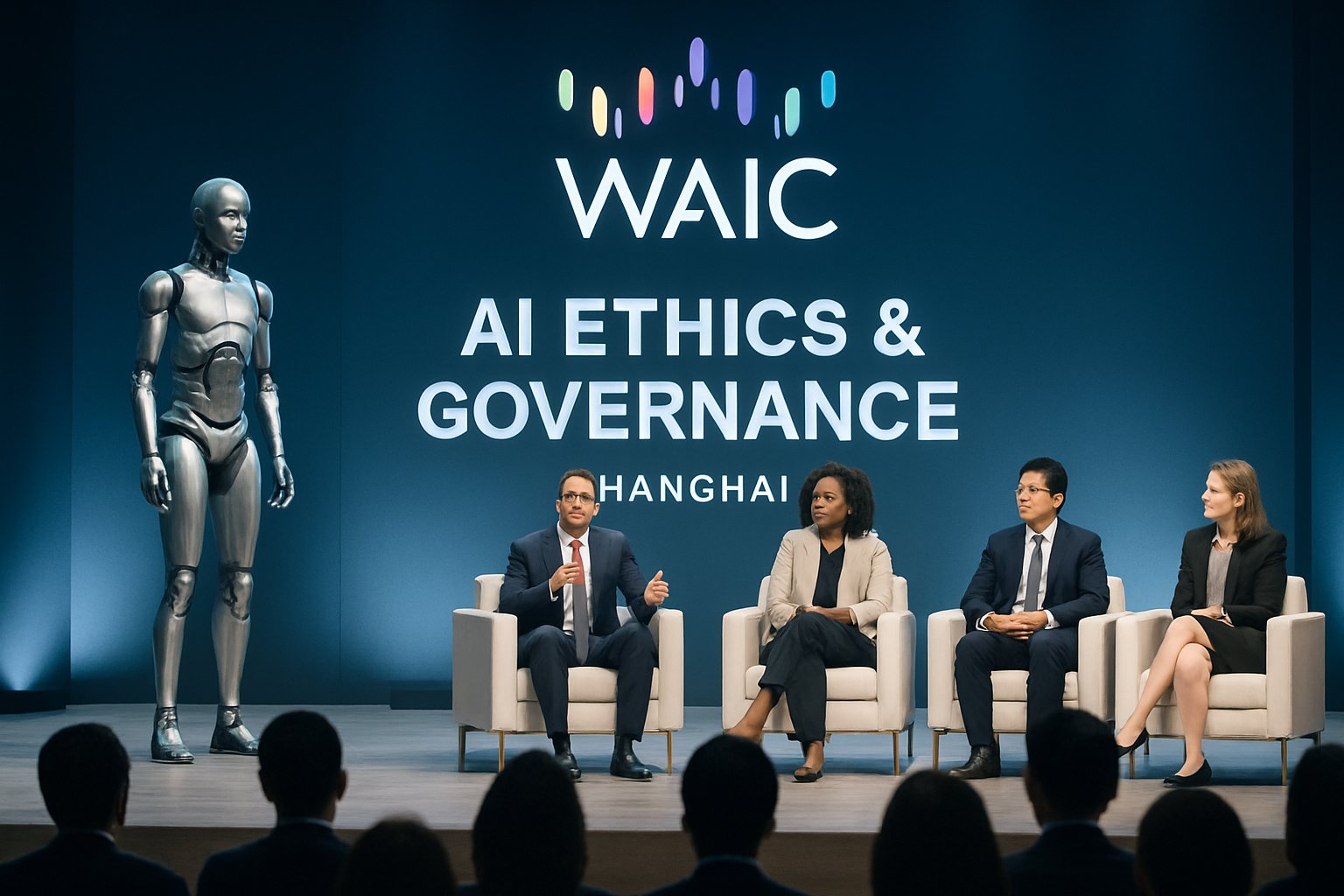 Humanoid robot and experts on stage at World AI Conference panel discussion.