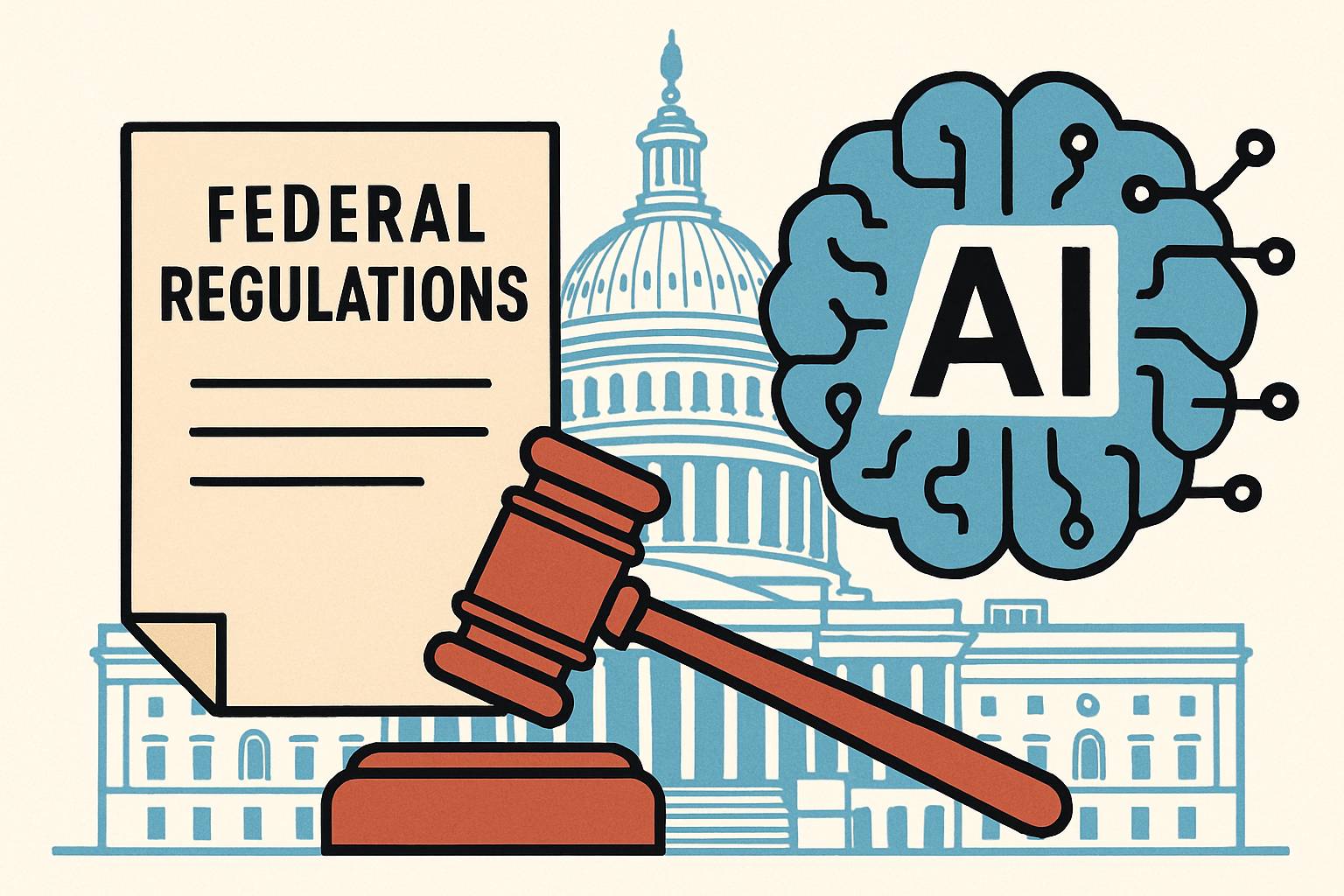 Federal AI Oversight as symbolized by AI technology blending with federal regulations near Capitol.