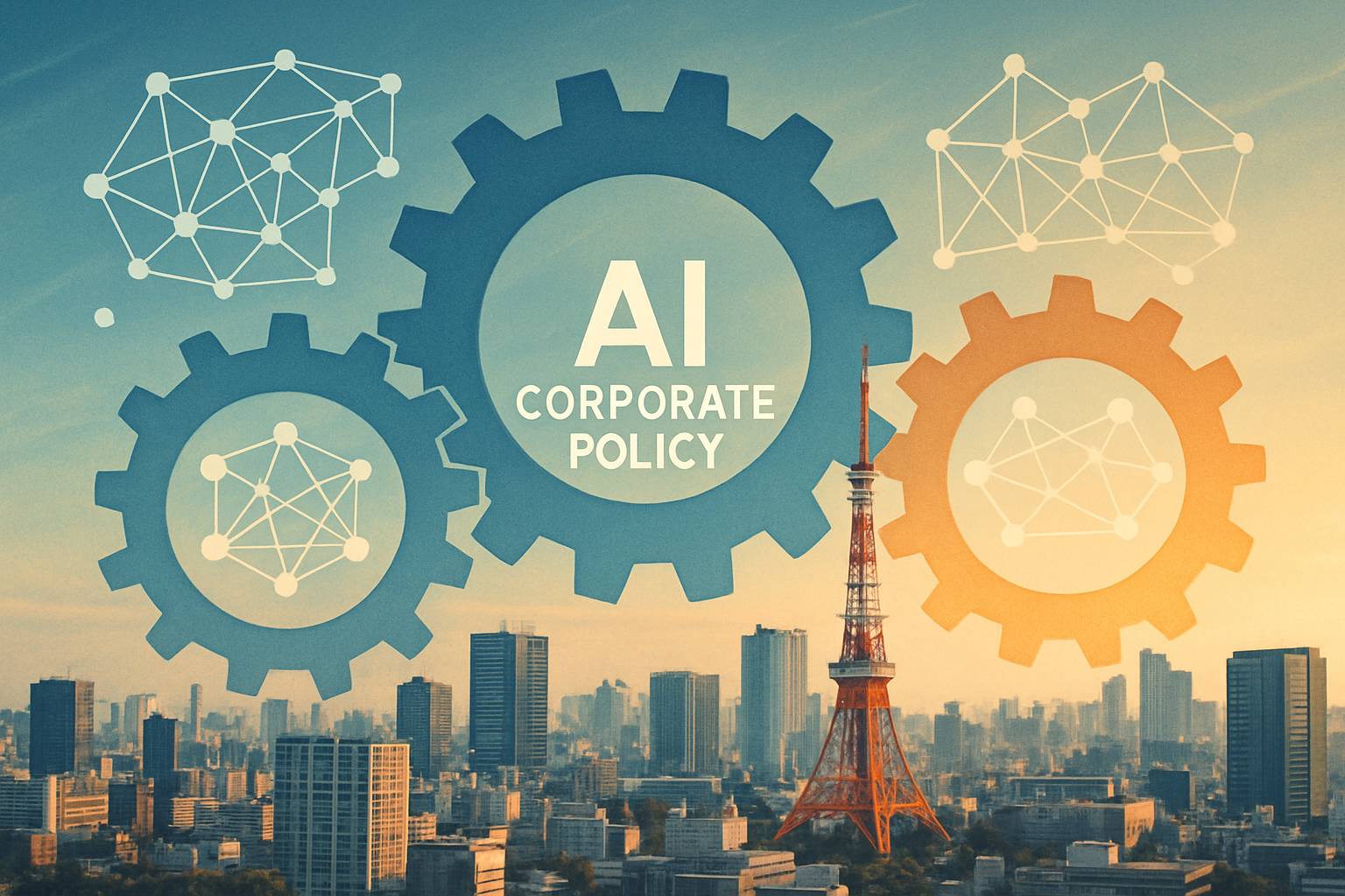 Gears and neural networks visualize AI Corporate Policy over Tokyo skyline.