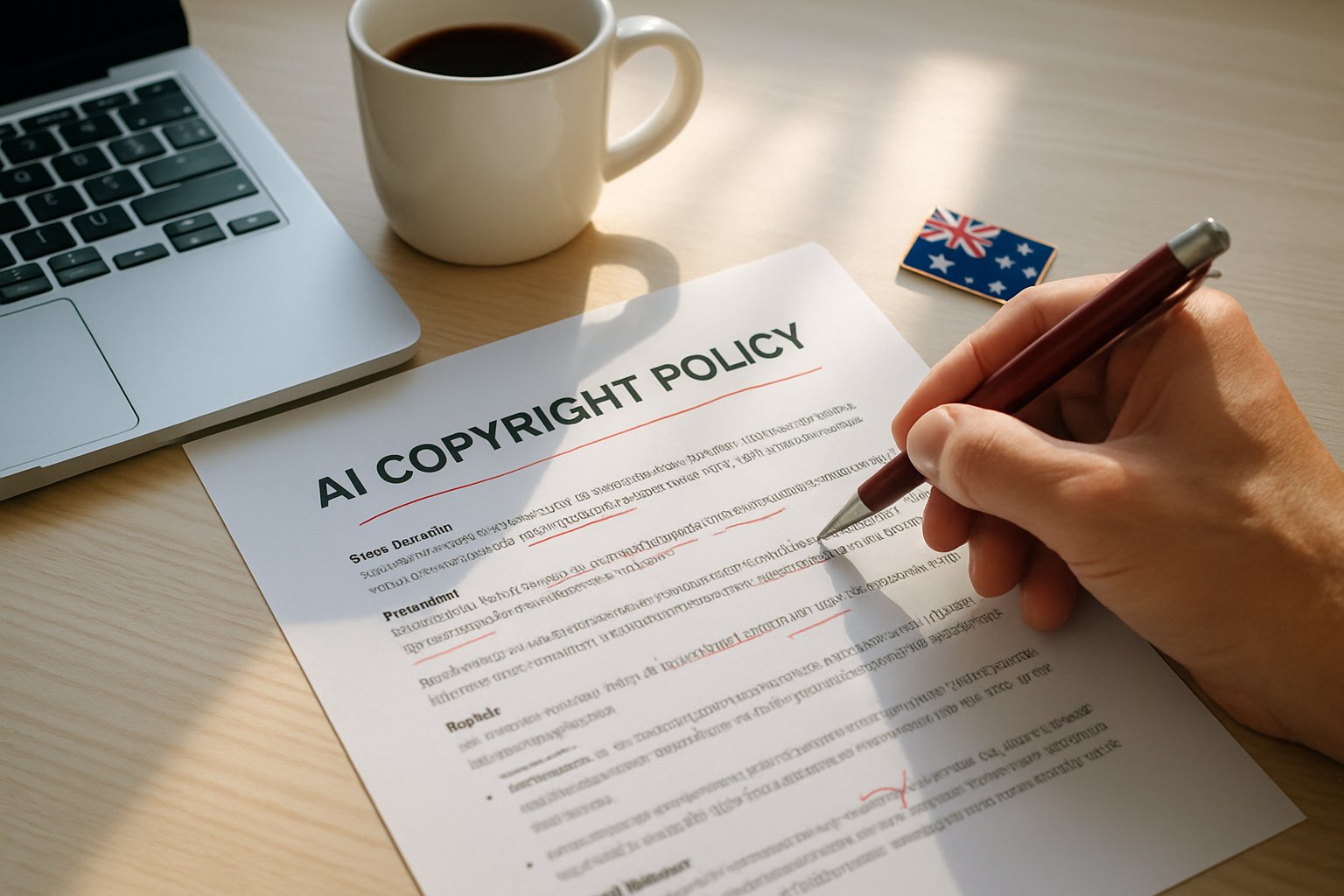Legal document on AI Copyright Policy under review in Australian office.