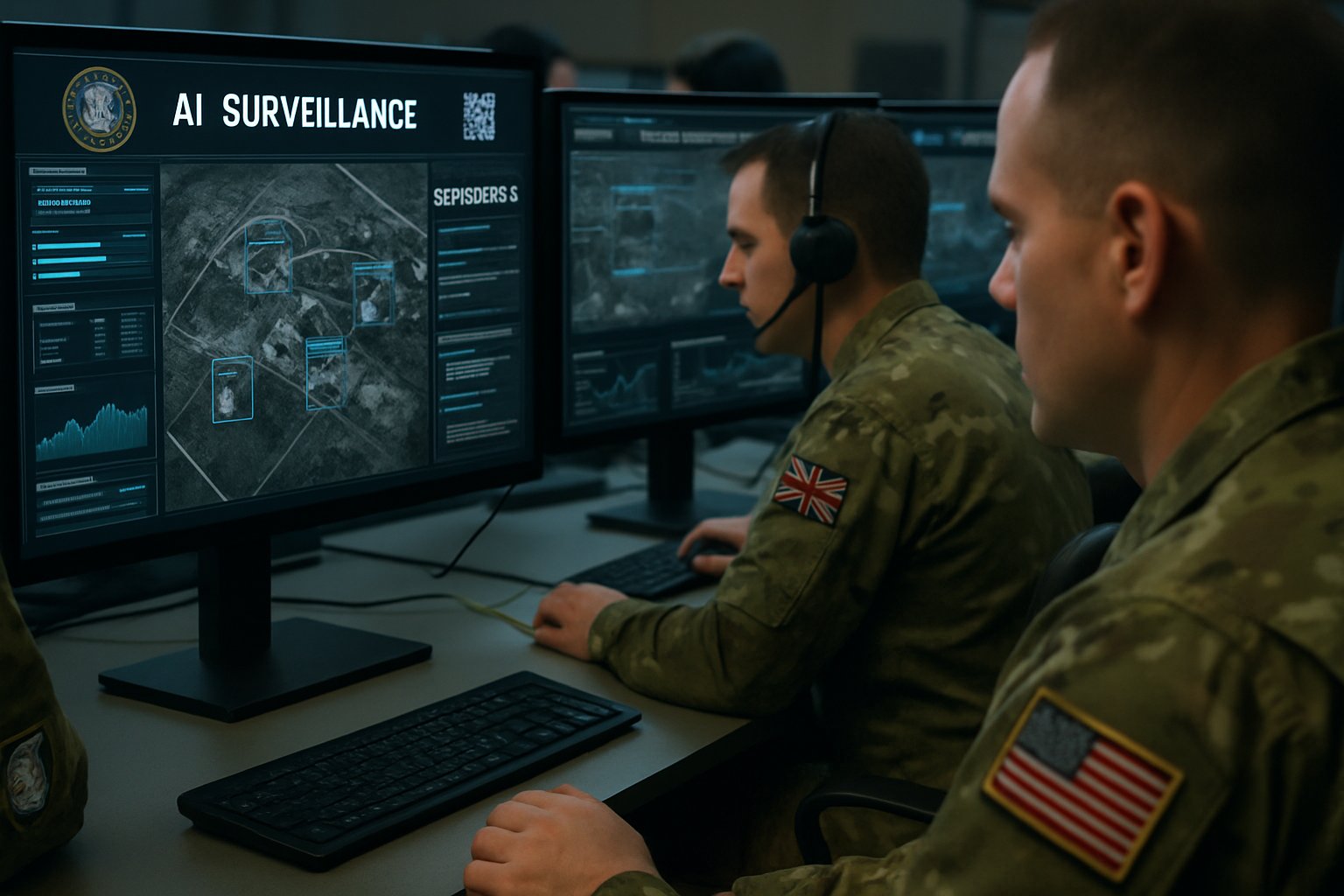 National security AI surveillance monitors in military operations center