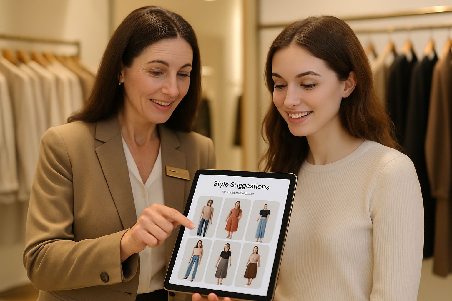 Store associate and shopper utilize tablet for Retail AI Innovation insights.