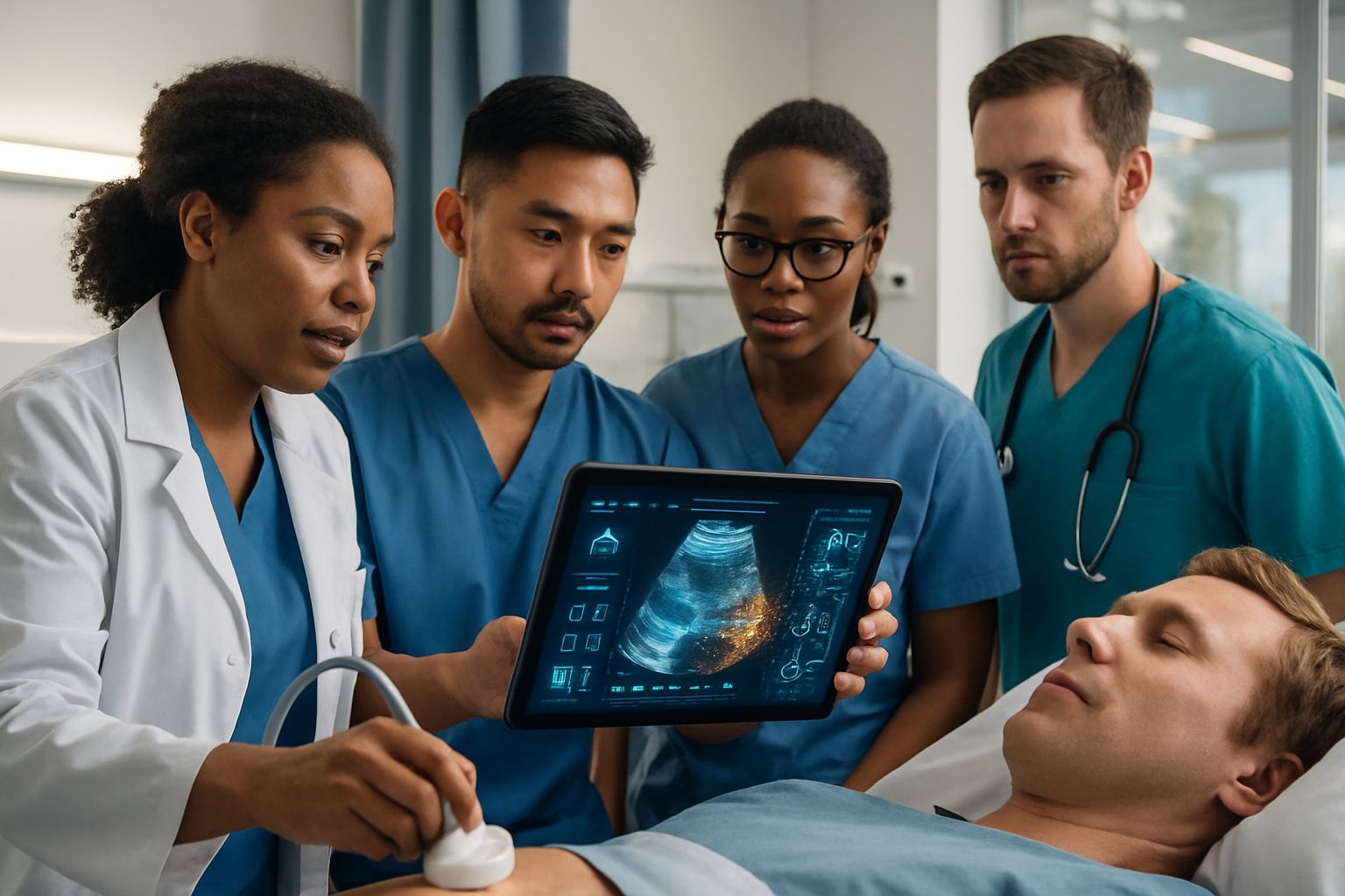 Healthcare team using Portable Medical AI ultrasound probe for patient diagnostics.