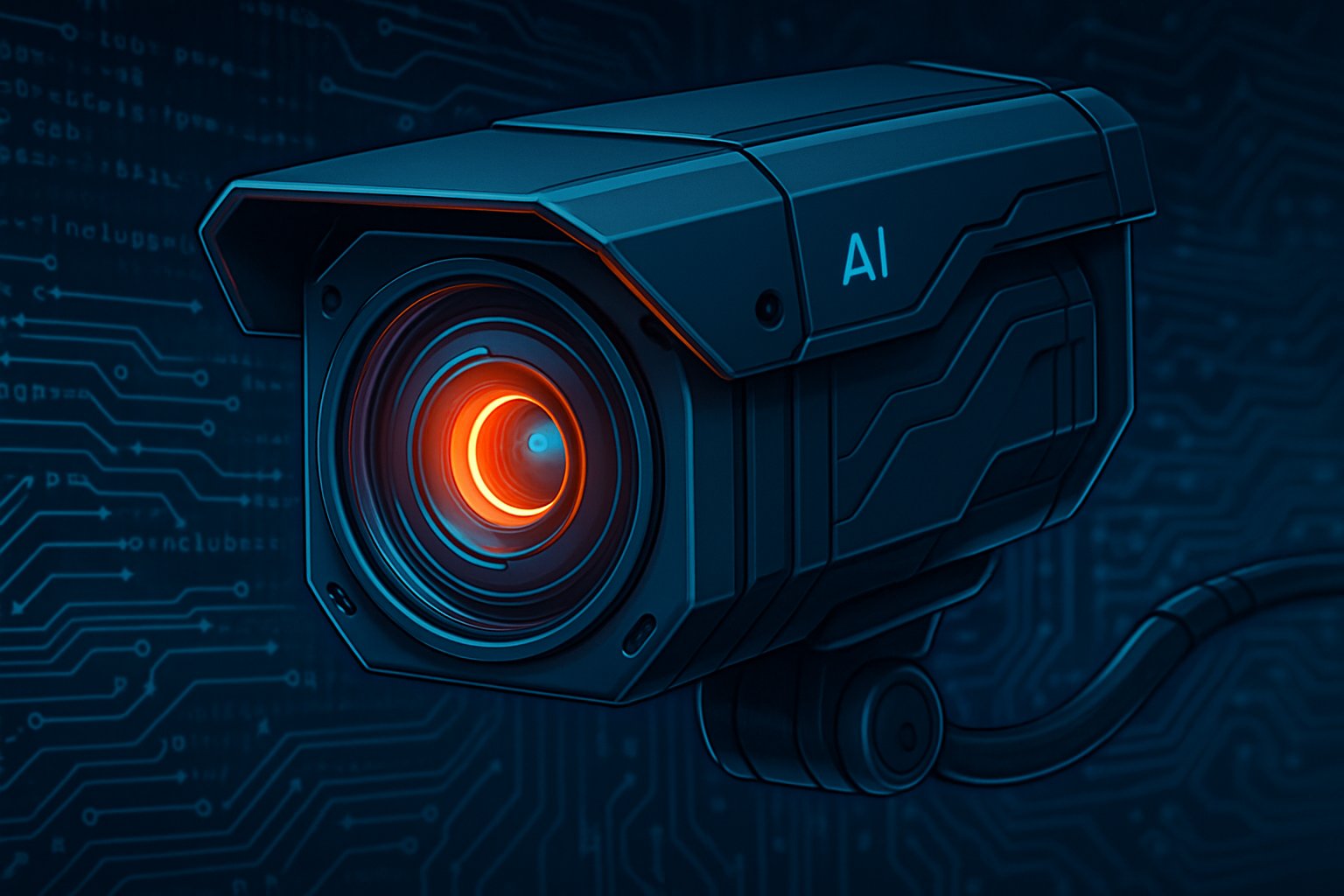Surveillance AI Tech powered futuristic security camera with digital circuit background.