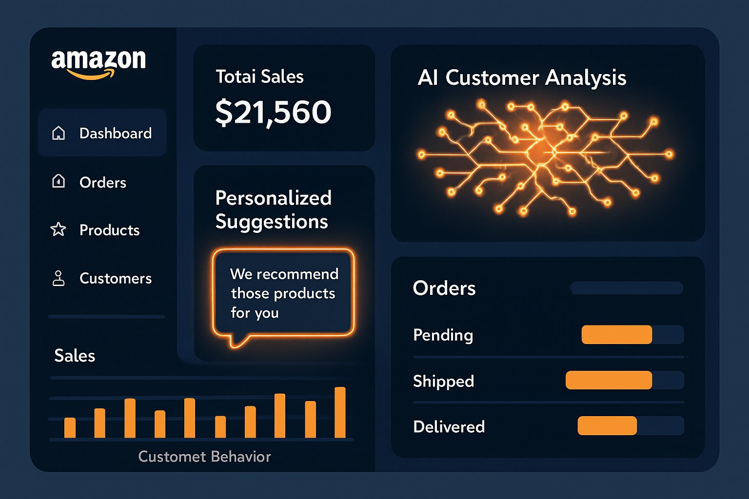 Marketing Personalization AI analyzing behaviors and generating text suggestions on an Amazon-style dashboard.