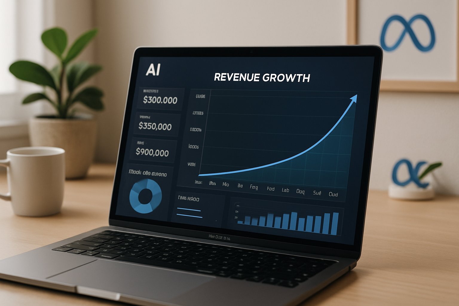 Laptop displaying AI startup growth analytics and financial dashboard.