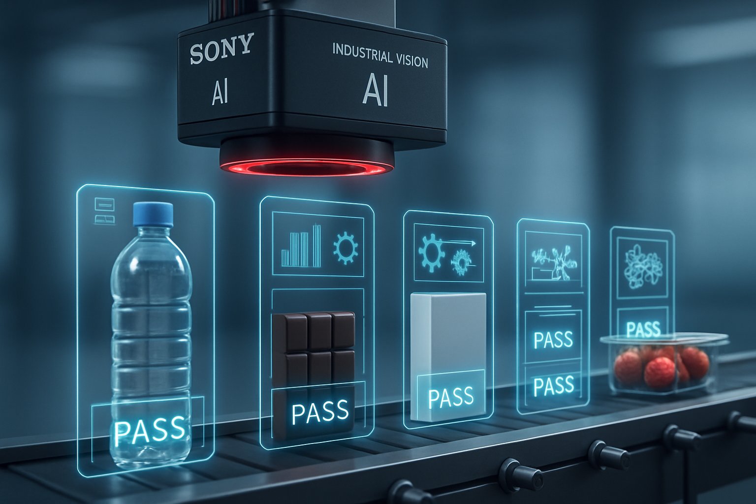 Industrial Vision AI sensor module monitoring products on a factory assembly line.