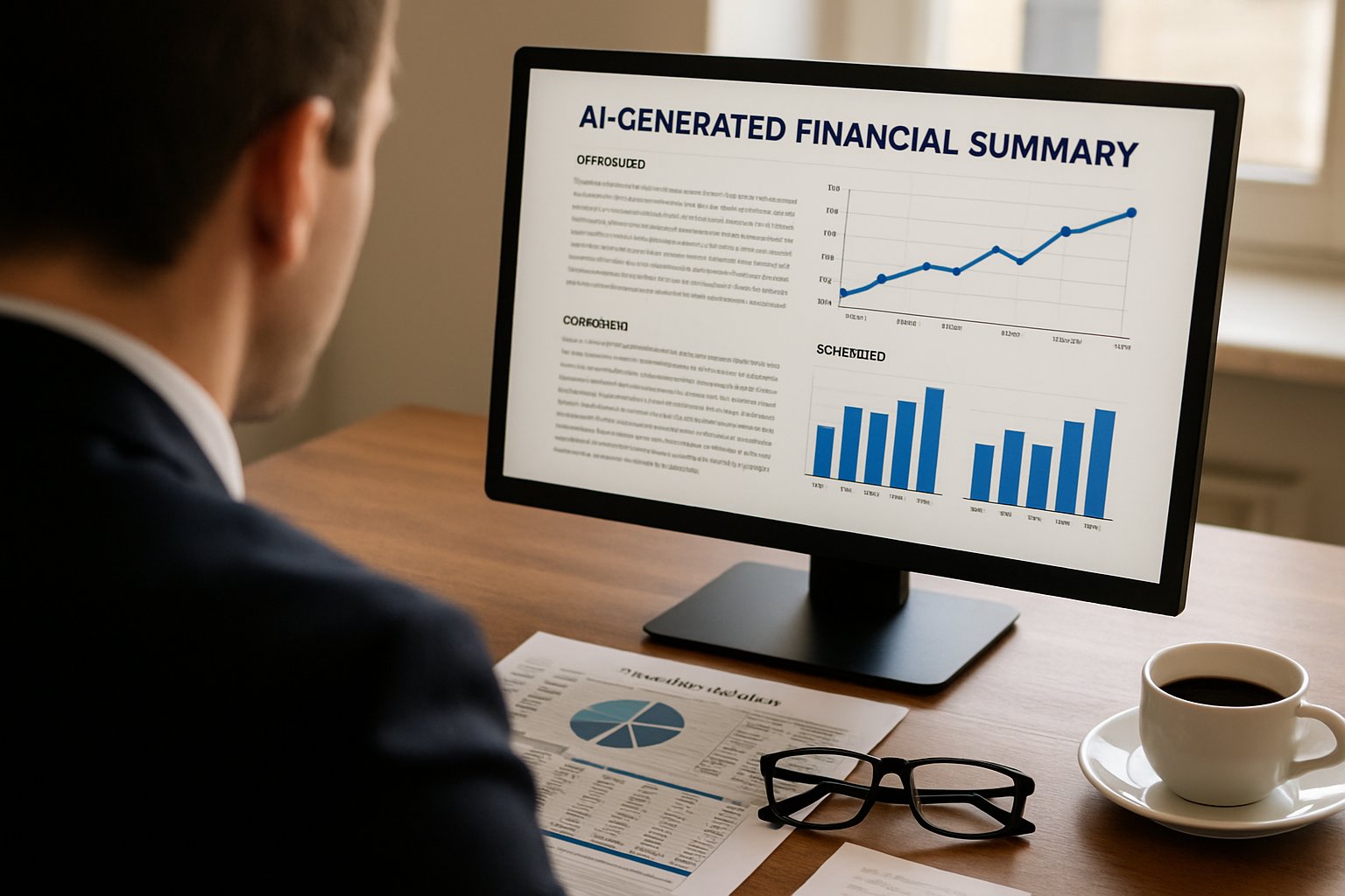 Financial Intelligence through AI-powered summary on professional's computer screen.