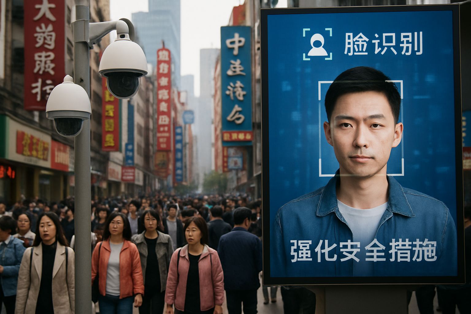 AI Political Governance surveillance in a busy Chinese cityscape.