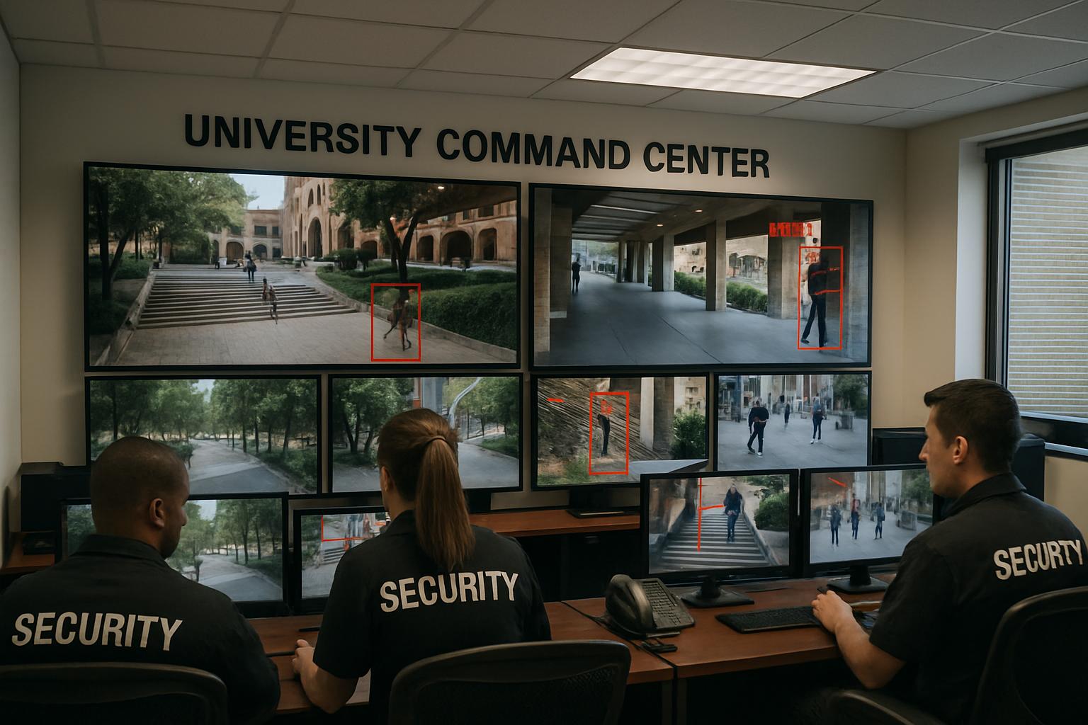 Campus Security monitoring AI-enabled surveillance feeds in modern command center