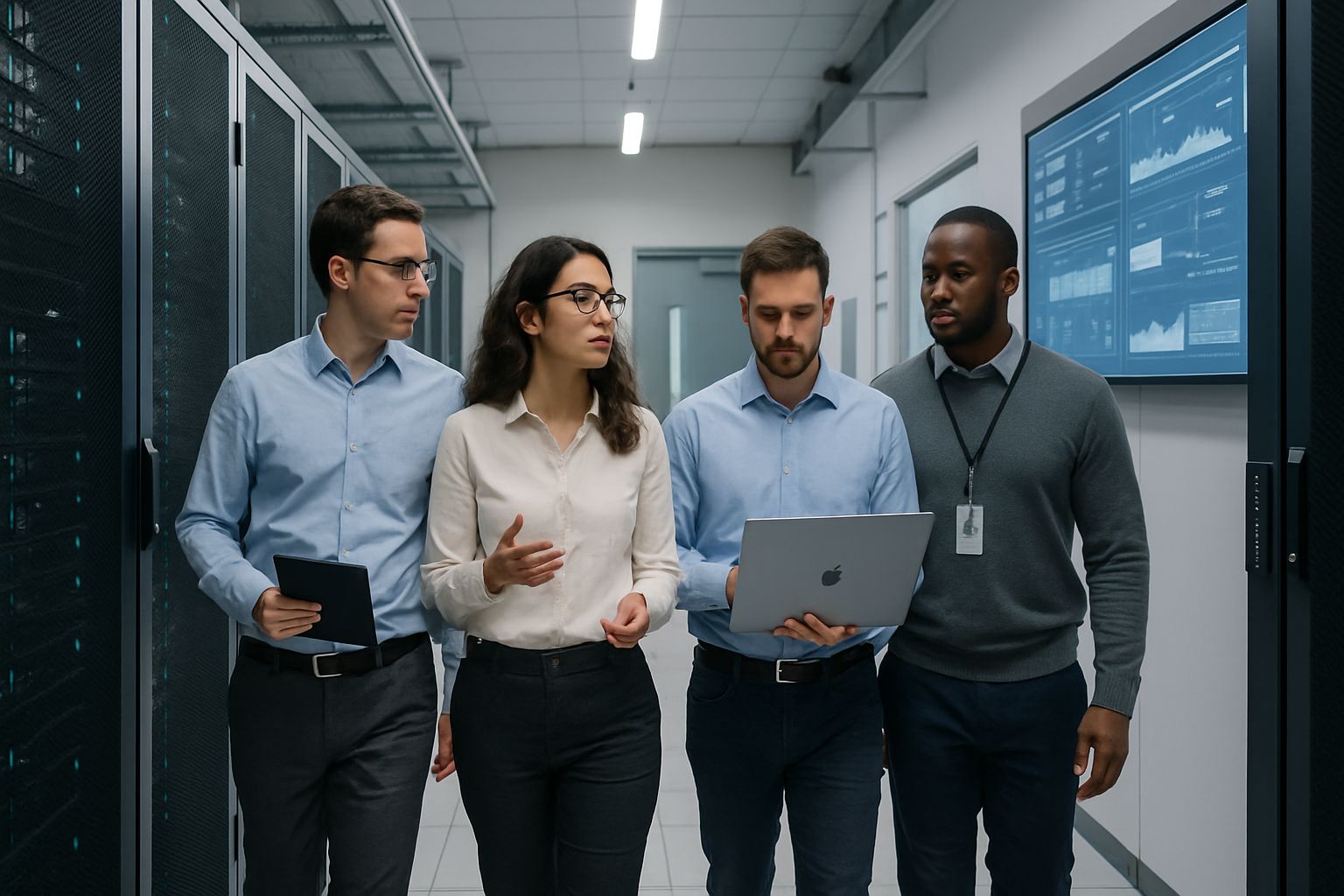 IT professionals collaborating on AI Infrastructure management in a leased data center.