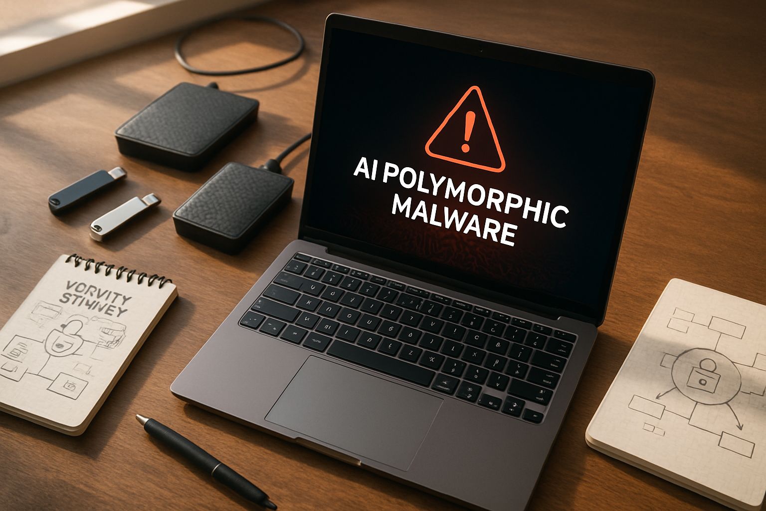 Cybercrime 2026 laptop displaying AI polymorphic malware alert on secure workspace.