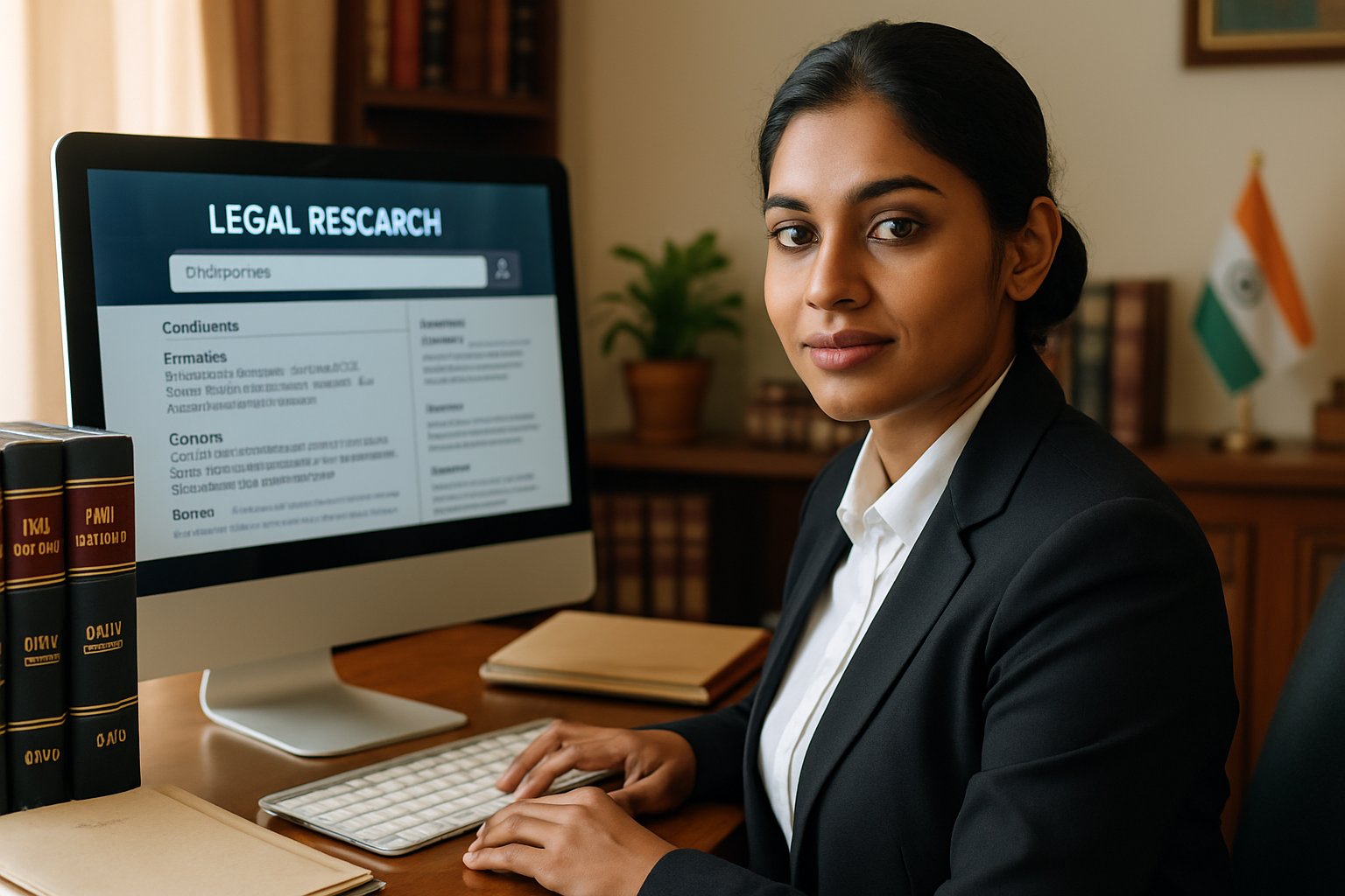 Young Indian legal workforce member upskilling with AI technology in office.