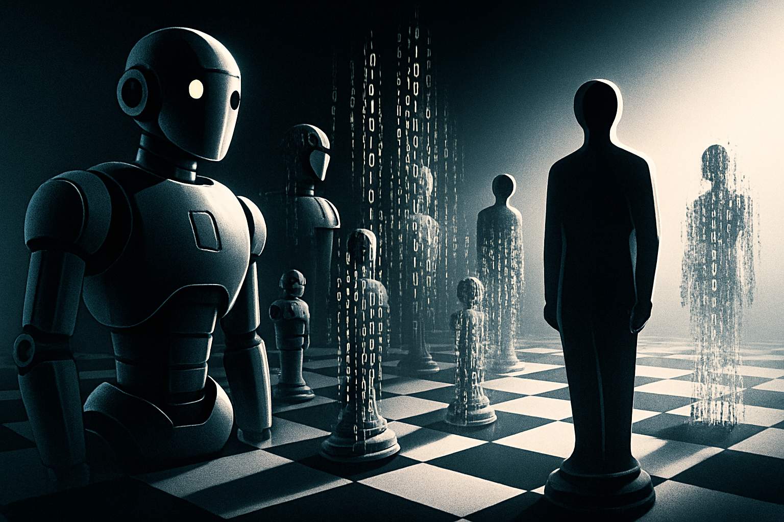 Chessboard with robots and humans illustrating AI Workforce Shift in decision-making.