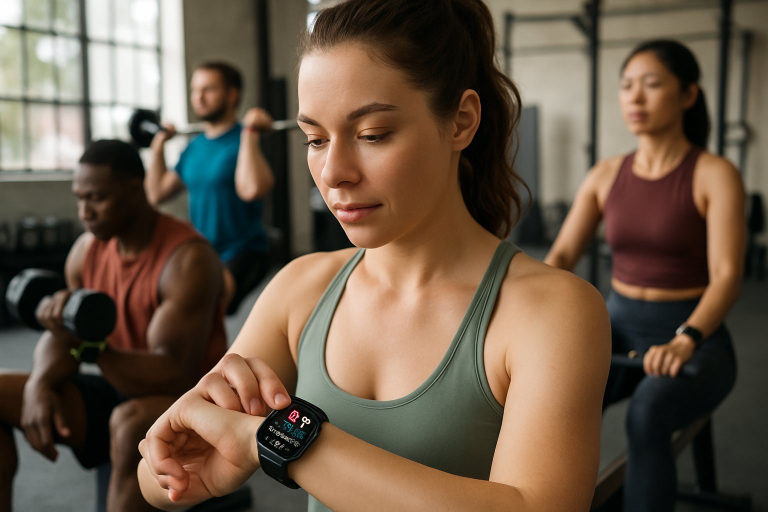 Diverse group at gym using modern AI fitness wearables for health tracking