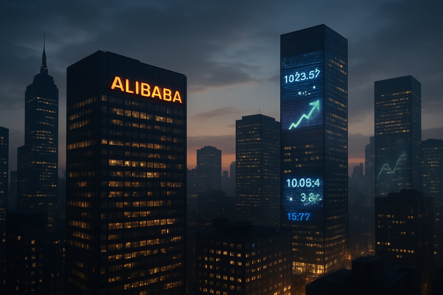 Market Performance rise symbolized by Alibaba headquarters and city financial tickers.