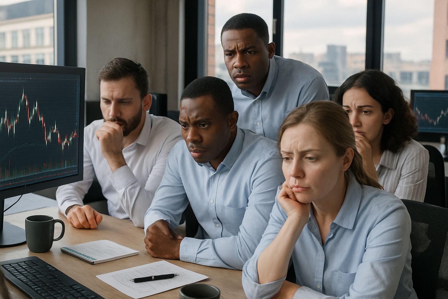 Analysts tracking AI market volatility on financial monitors