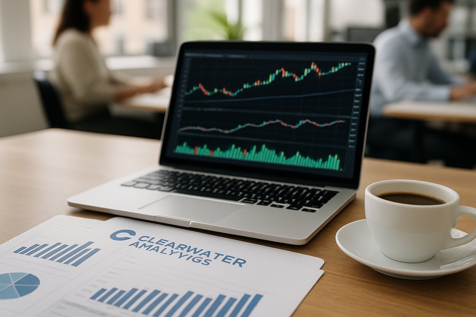Financial analysts discussing Clearwater Analytics buyout strategy with branded reports
