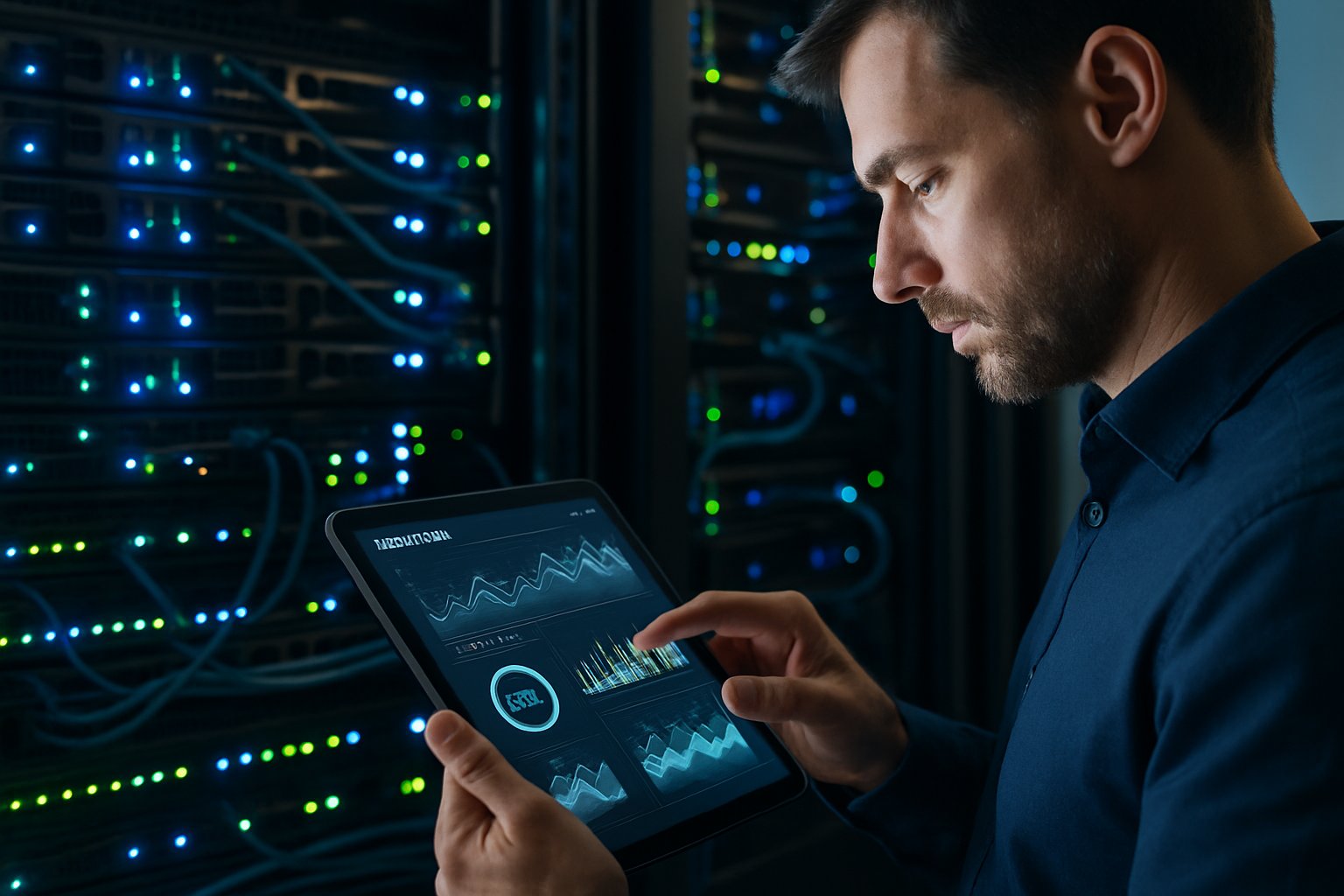 Connectivity AI visualized as analytics in a realistic network server room environment