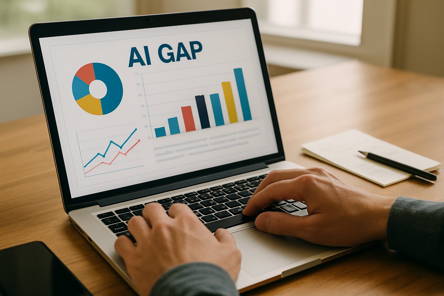 Product Management professional reviewing AI gap report on laptop.