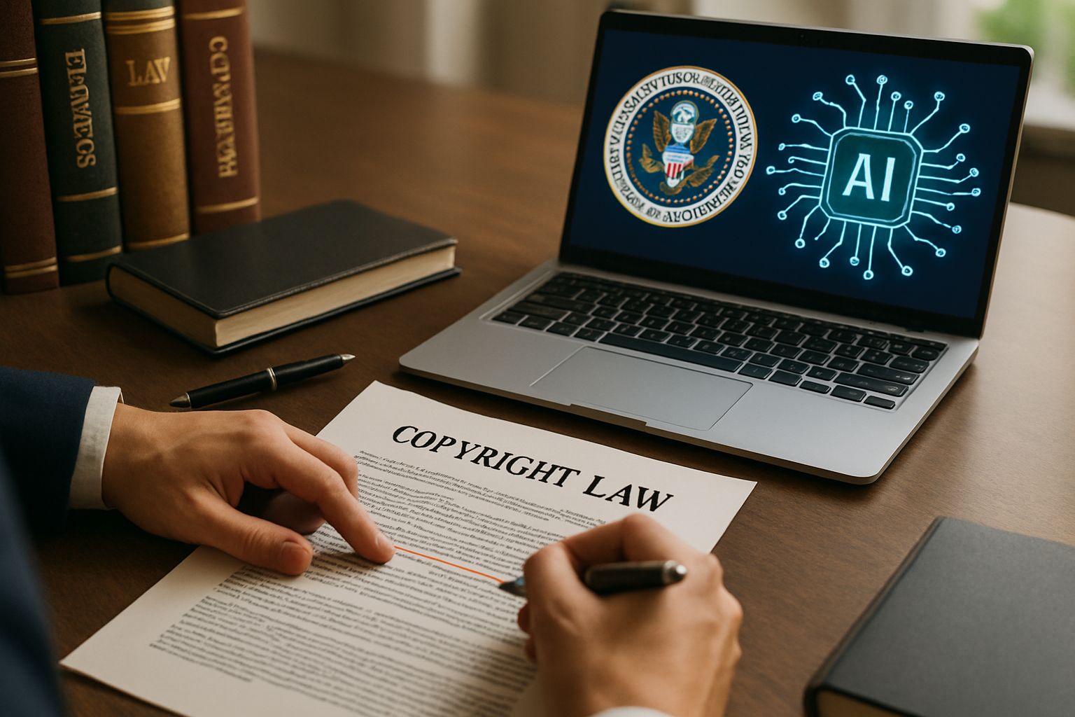 Lawyer reviewing Copyright Law documents on OSTP's AI policy changes.