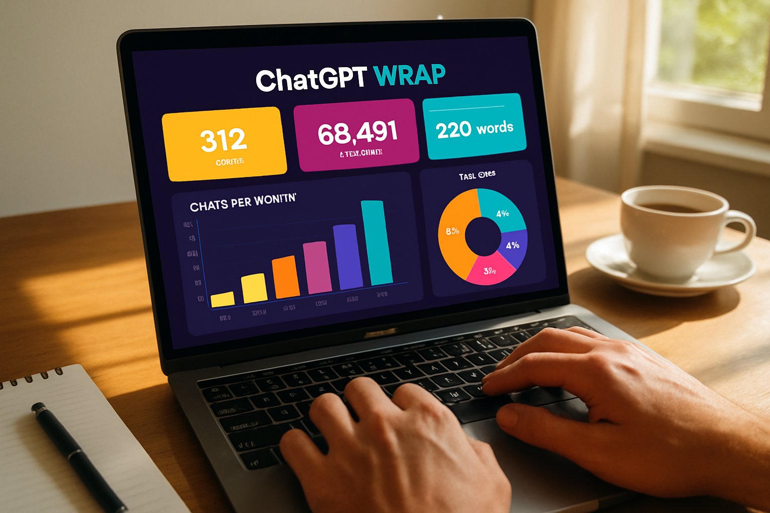 Person analyzing ChatGPT Wrap dashboard with metrics on a laptop screen.