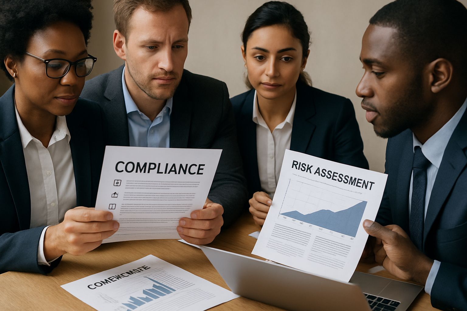 Team reviewing risk reports to address Security Compliance Attacks.