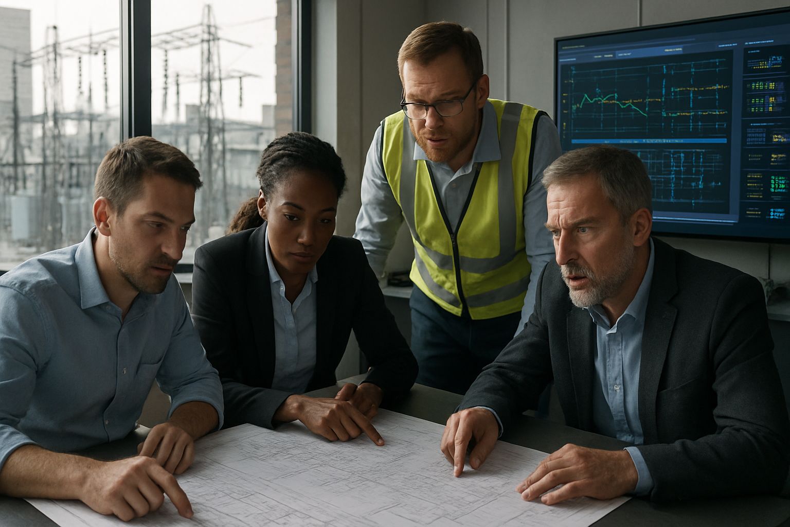 Energy Infrastructure experts reviewing grid data and blueprints in a meeting