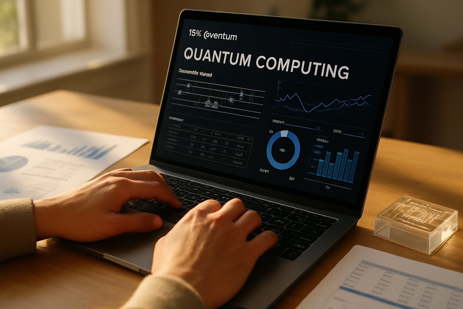 Hands working on IBM Quantum dashboard in modern workspace.