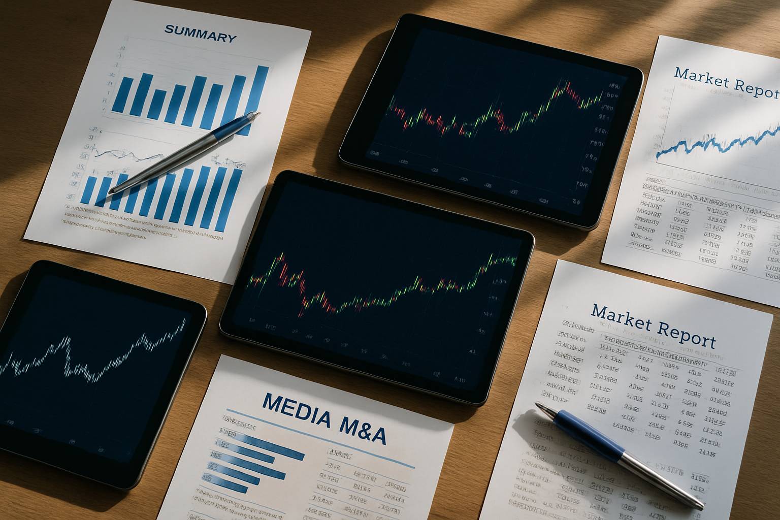 Analysts examine market data during a Media M&A transaction.