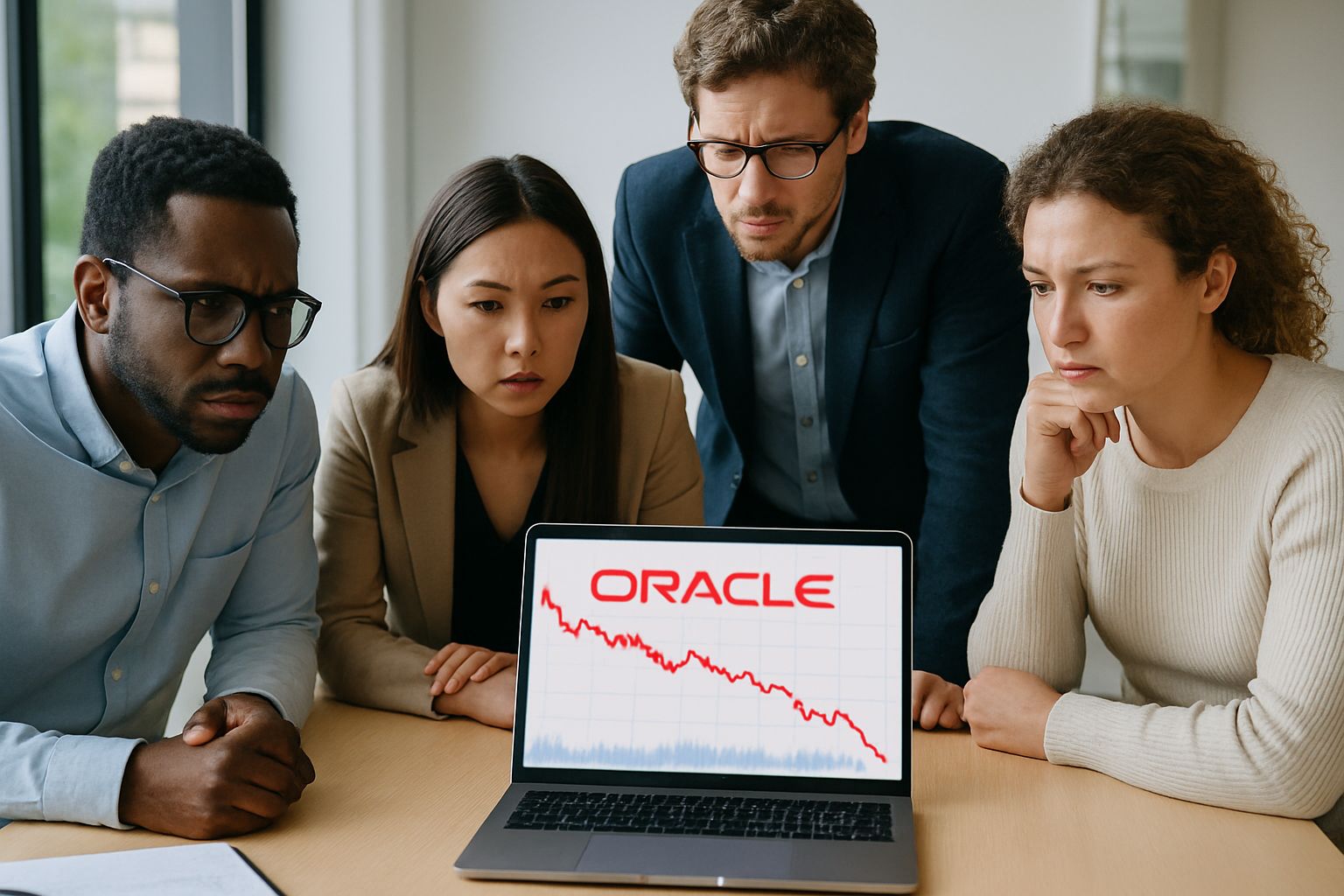 Professionals review Oracle share decline and financial graphs in office.