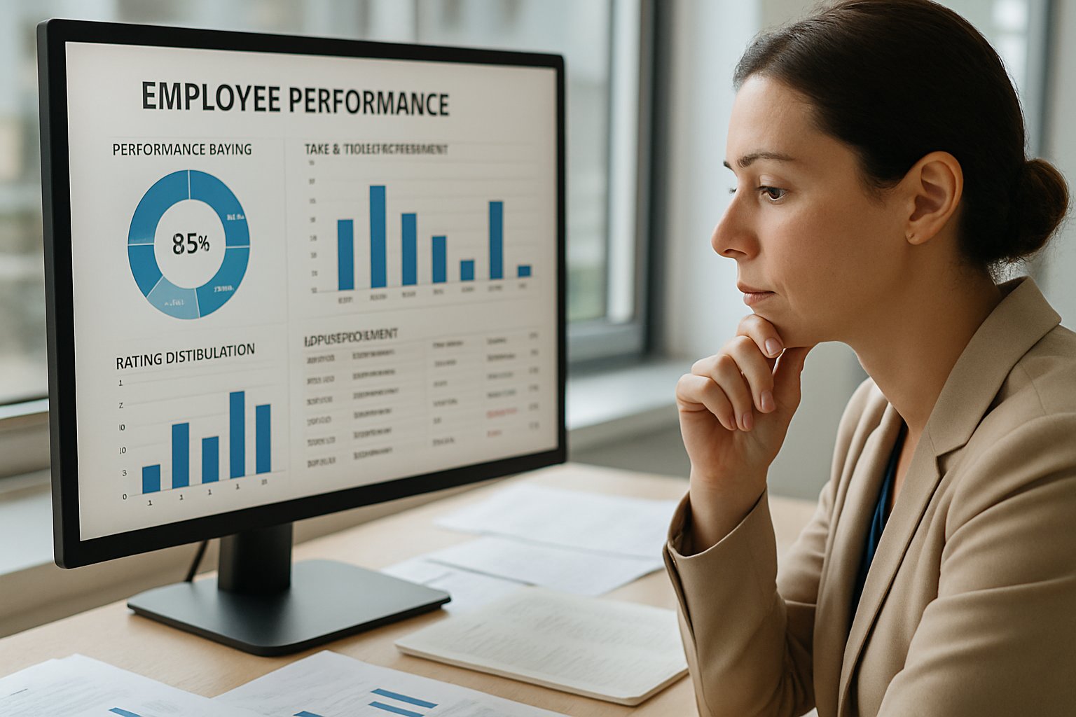 HR manager monitoring AI bias risks in computer-based employee performance analytics.