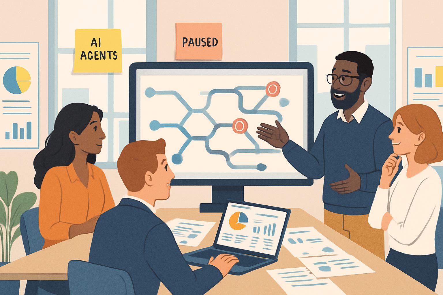 Product Roadmap Shift shown by professionals analyzing a paused AI agent plan.