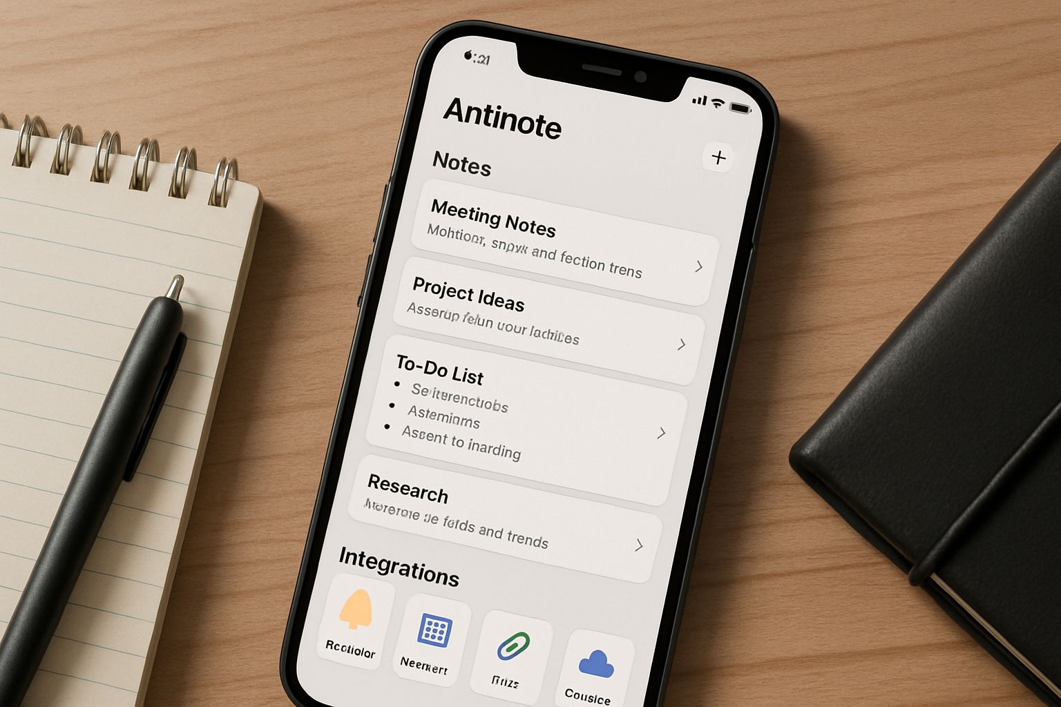 Antinote App interface on smartphone on wooden desk