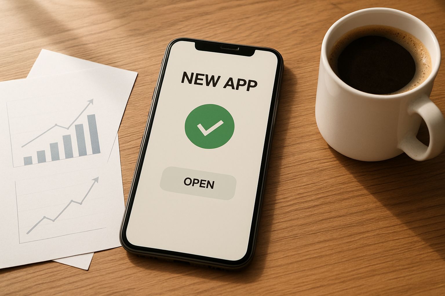 Smartphone showcasing Quiet AI App Launch interface beside growth reports.