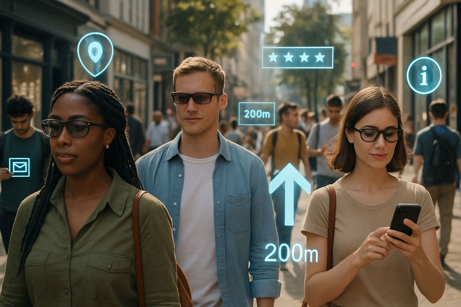 Urban scene with AR trends collision visible through wearable smart glasses and devices.