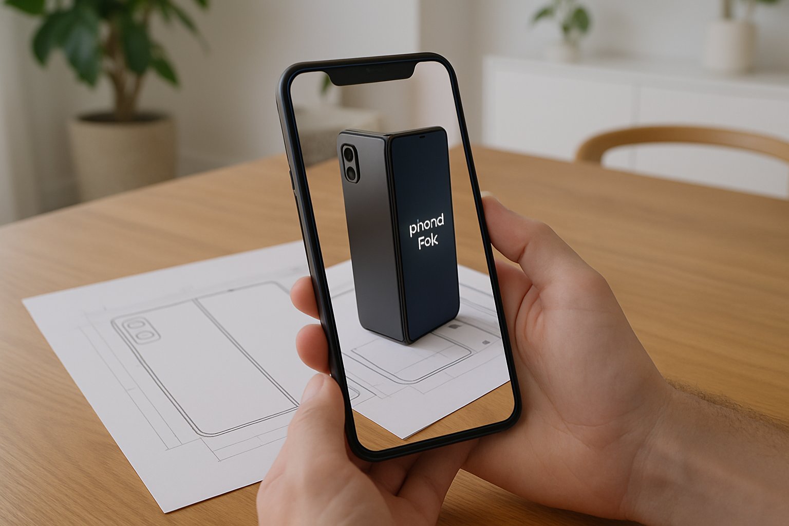 User viewing iPhone Fold Design in AR overlay above printed mockup
