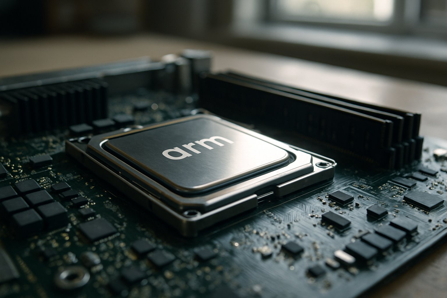 Close-up of Arm chip powering Cloud Infrastructure Silicon on server motherboard