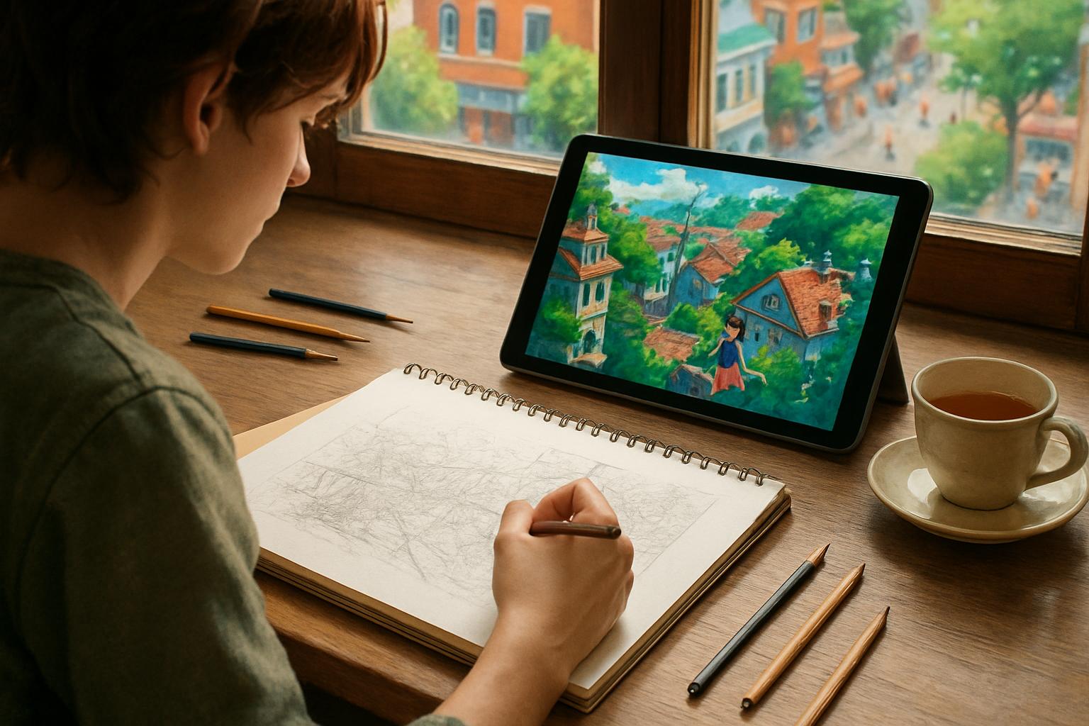 Young creator sketches Viral AI Art with Ghibli inspiration in a realistic studio.