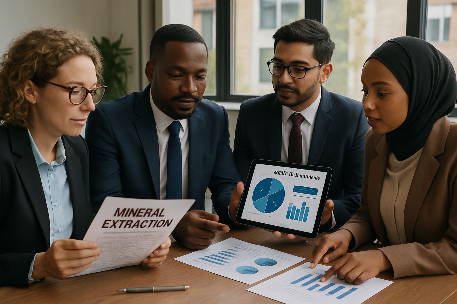 Business professionals discussing Asset Digitization for Tanzanian minerals.