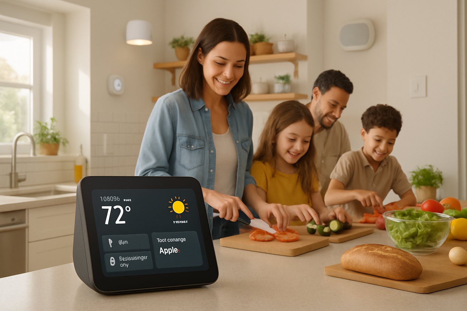 Physical AI Assistant device managing tasks in a smart kitchen environment.