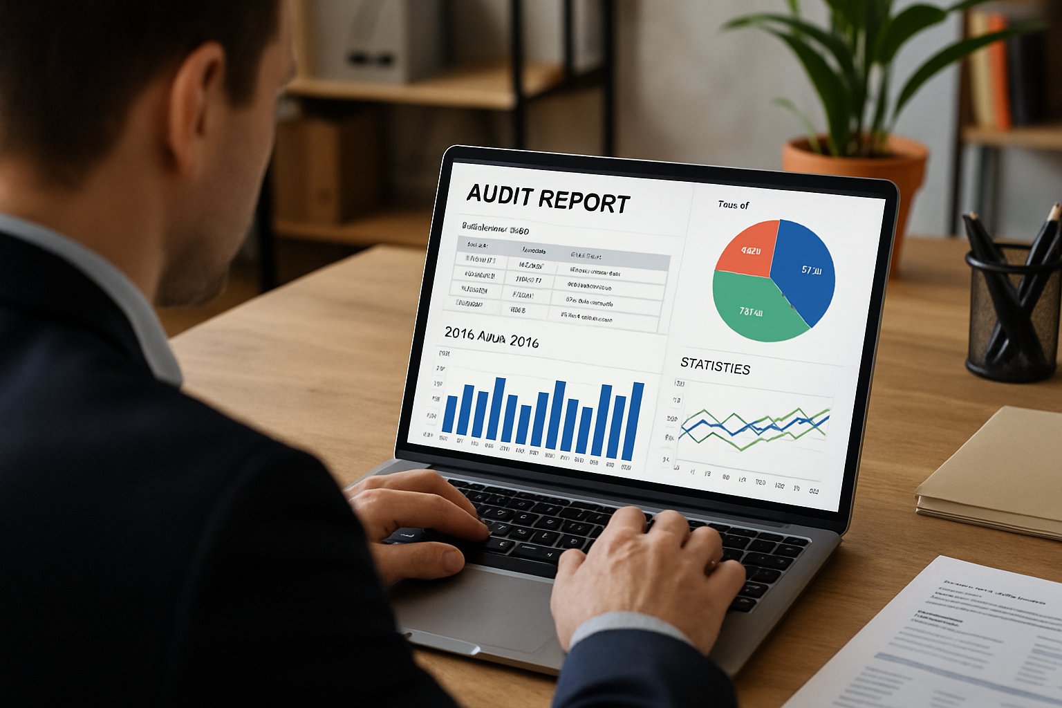 Professional audits Agent Automation data and policies on a laptop dashboard.