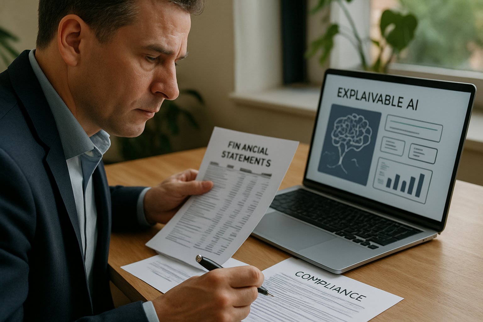 Financial Transparency through auditor reviewing documents with Explainable AI solutions.