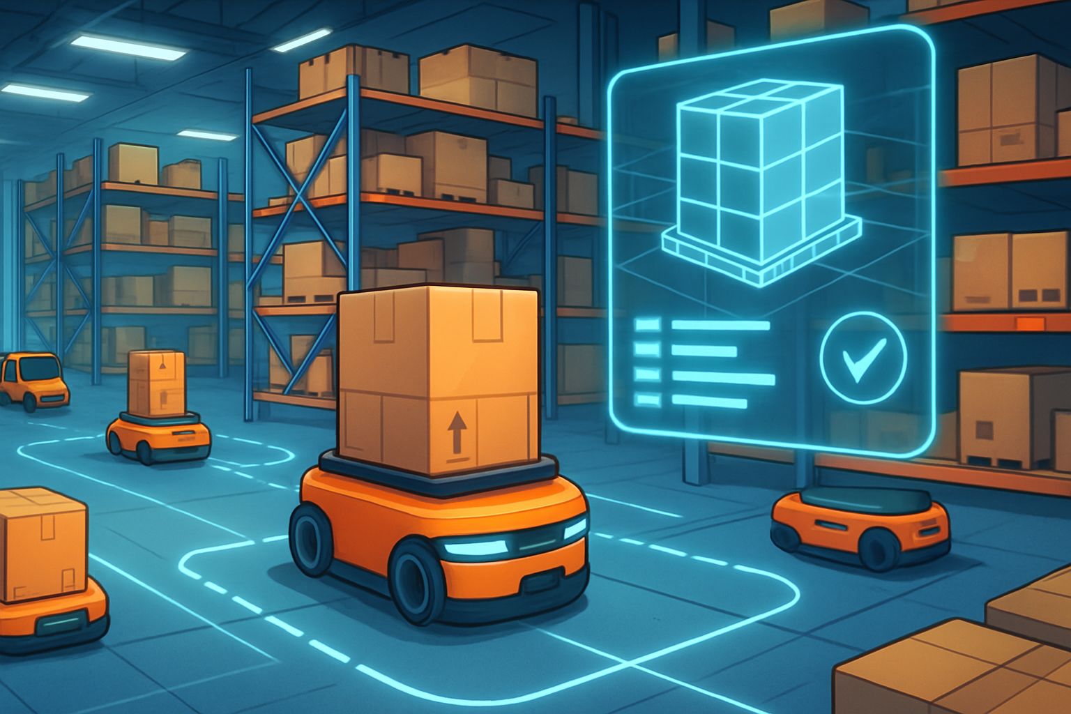 Warehouse with Supply Chain AI robots managing inventory in real time.