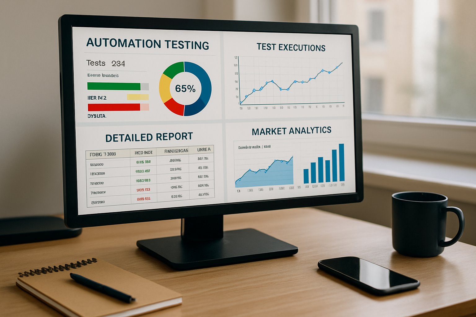Computer screen shows Test Automation Market analytics and test reports.