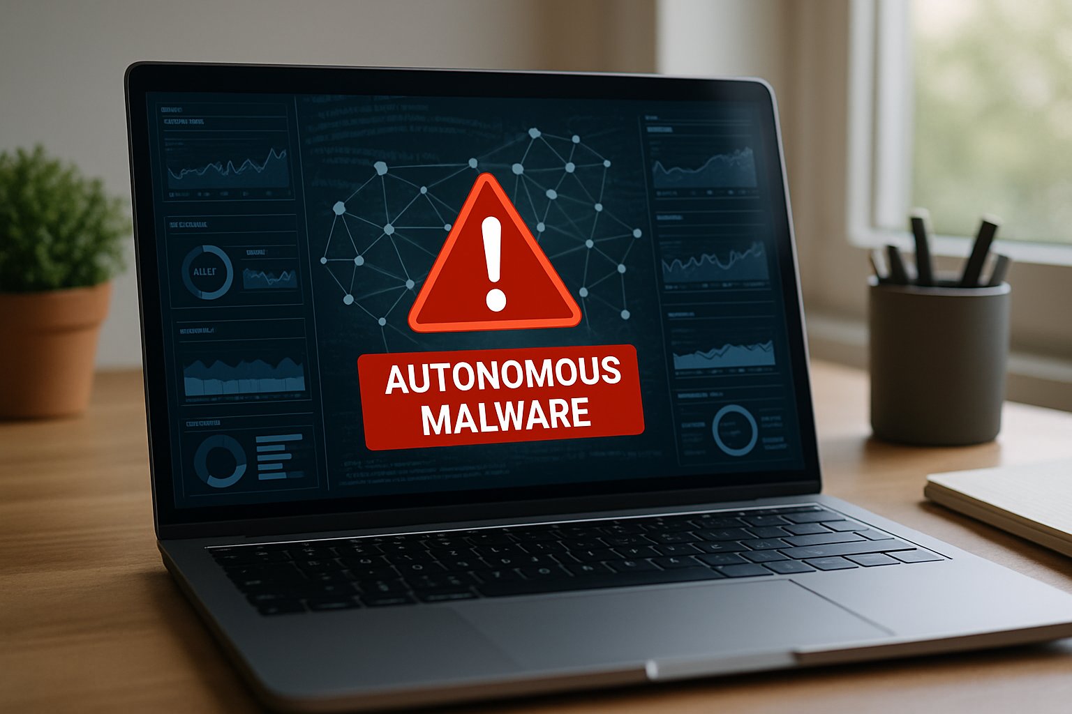Laptop screen shows autonomous cyber threats warning in realistic workspace.