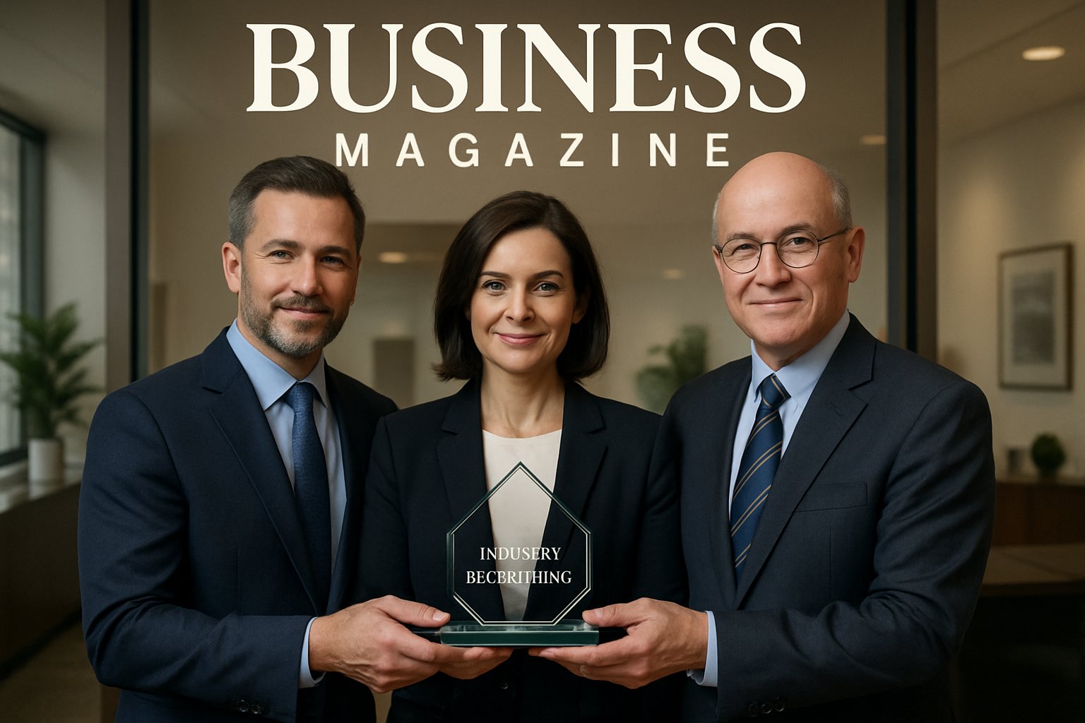 Magazine cover with business leaders holding Industry Recognition award.